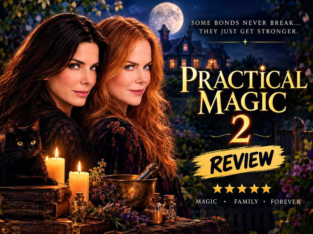 Practicle magic 2 review feaured image with two woman  candles, a black cat, and magical elements