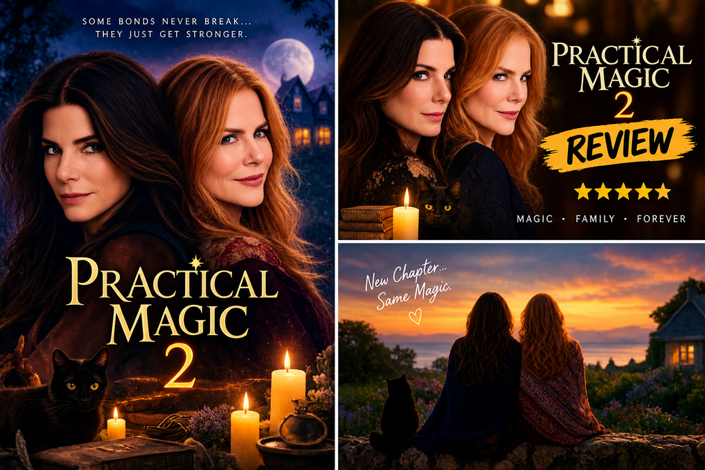 Practicle magic 2 review poster with the two sisters and a sunset scene