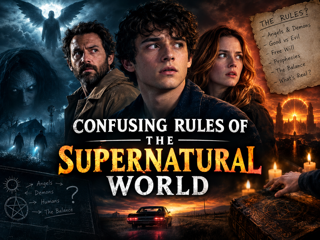 supernatural world poster featuring mysterious figure,candles,and a glowing sunset