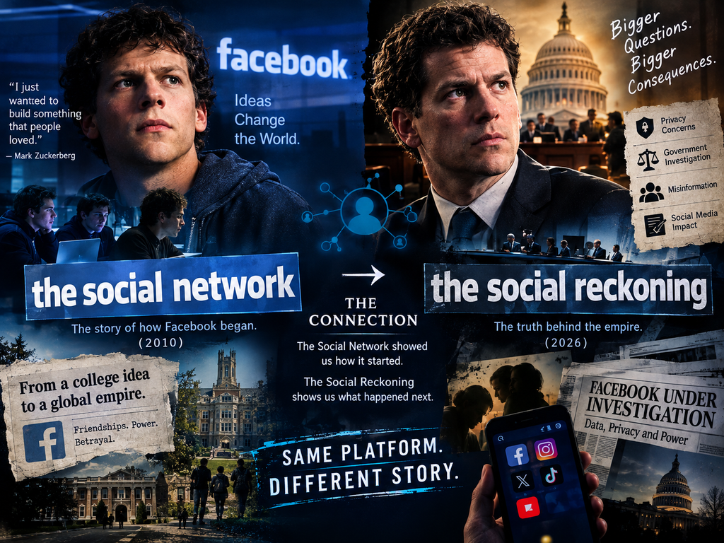 The Social Reckoning 2026 movie comparison graphic showing The Social Network, social media platforms, Facebook investigation, privacy, data, and the connection between the two films.