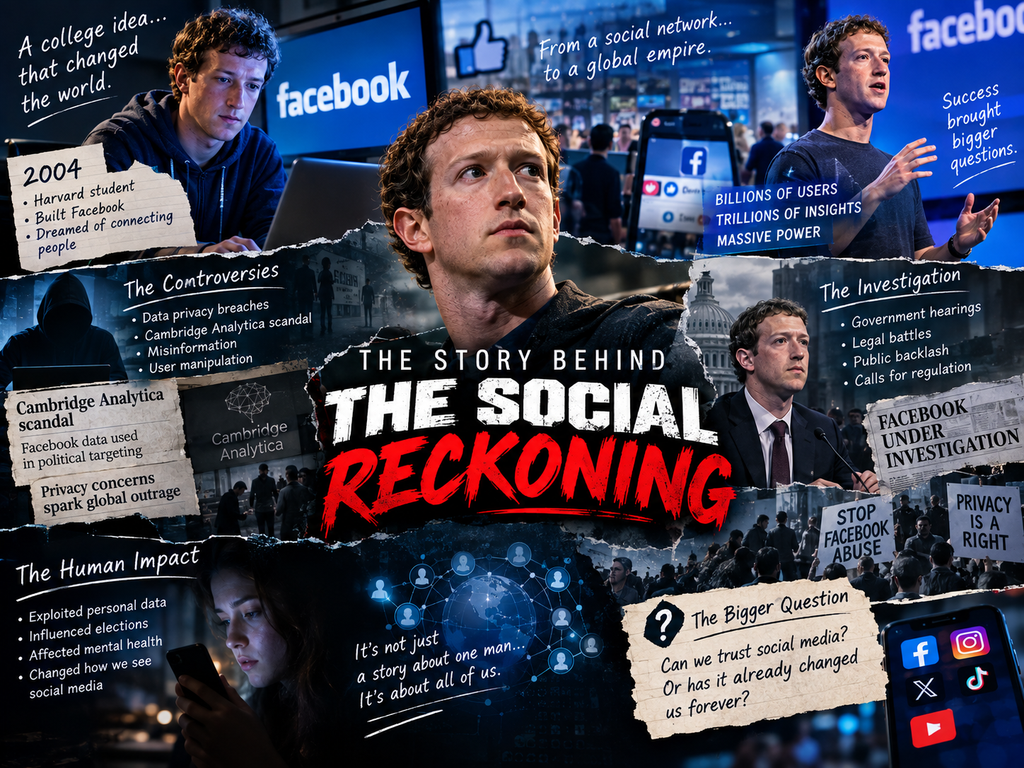 The Social Reckoning 2026 movie graphic highlighting social media power, privacy concerns, Facebook investigations, data collection, public controversy, and the human impact of social media.