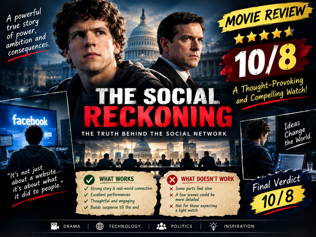 The Social Reckoning movie review graphic with an 8/10 rating, highlighting its story, Facebook themes, strengths, weaknesses, and final verdict.