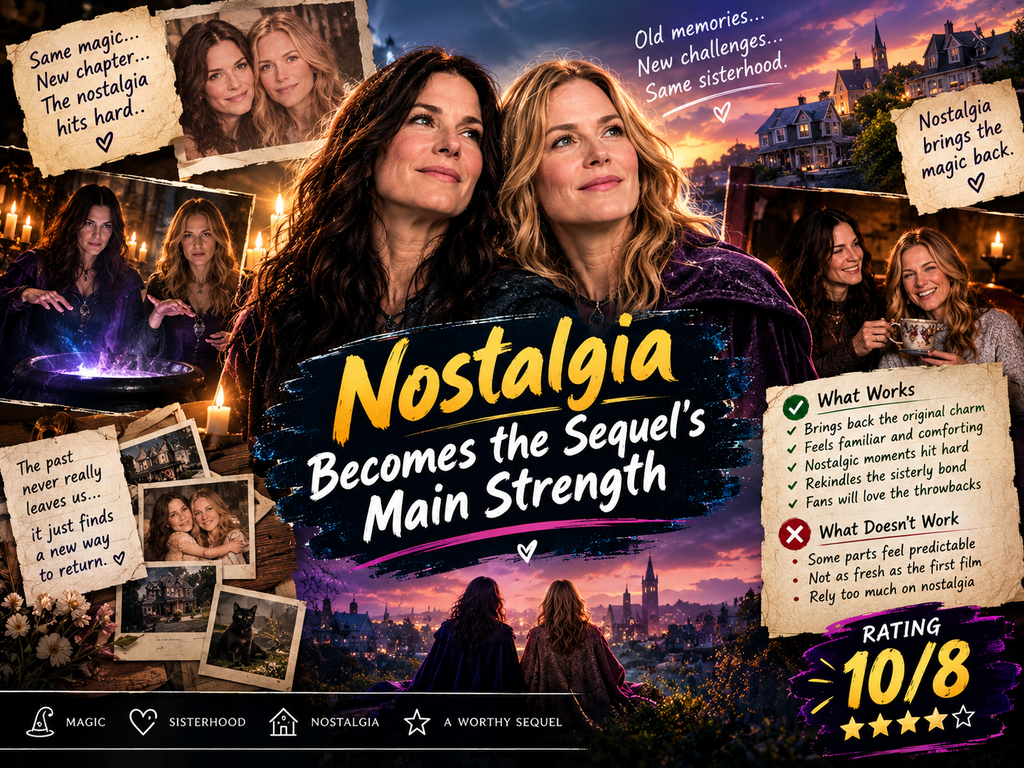 Practicle magirc 2 review graphic highlighting nostalgia, sisterhood, and the sequels strengths and weakness 