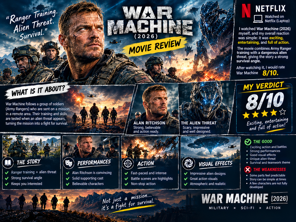 War Machine (2026) Review
War Machine (2026) movie review infographic showing the story, performances, action, visual effects, strengths, weaknesses, and an 8/10 rating.