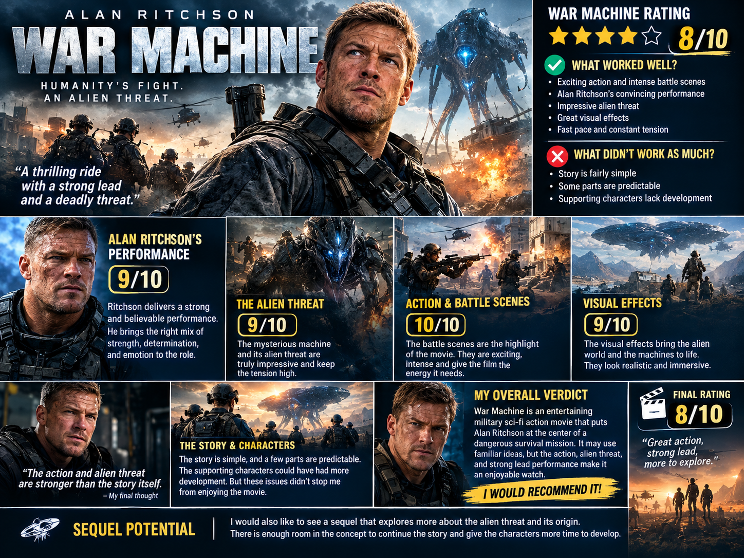 War Machine (2026) review infographic highlighting Alan Ritchson’s performance, alien threat, action and battle scenes, visual effects, story and characters, sequel potential, and an overall 8/10 rating.
