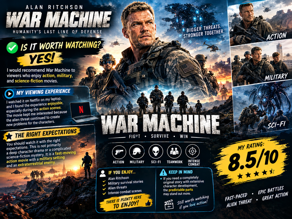 War Machine (2026) review infographic showing the viewing experience, story expectations, military and sci-fi themes, action scenes, and an 8.5/10 rating.